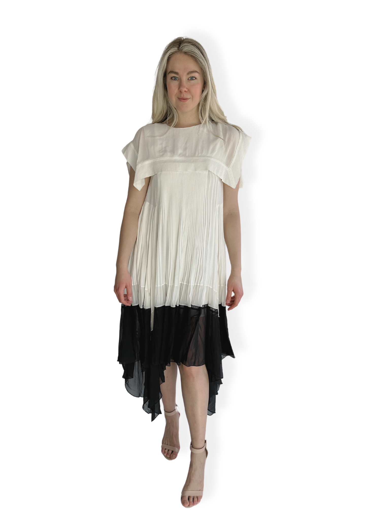 Chloe Butterfly Hem Crepe Square Collar Dress in White Viscose Down The Rabbit Hole MN