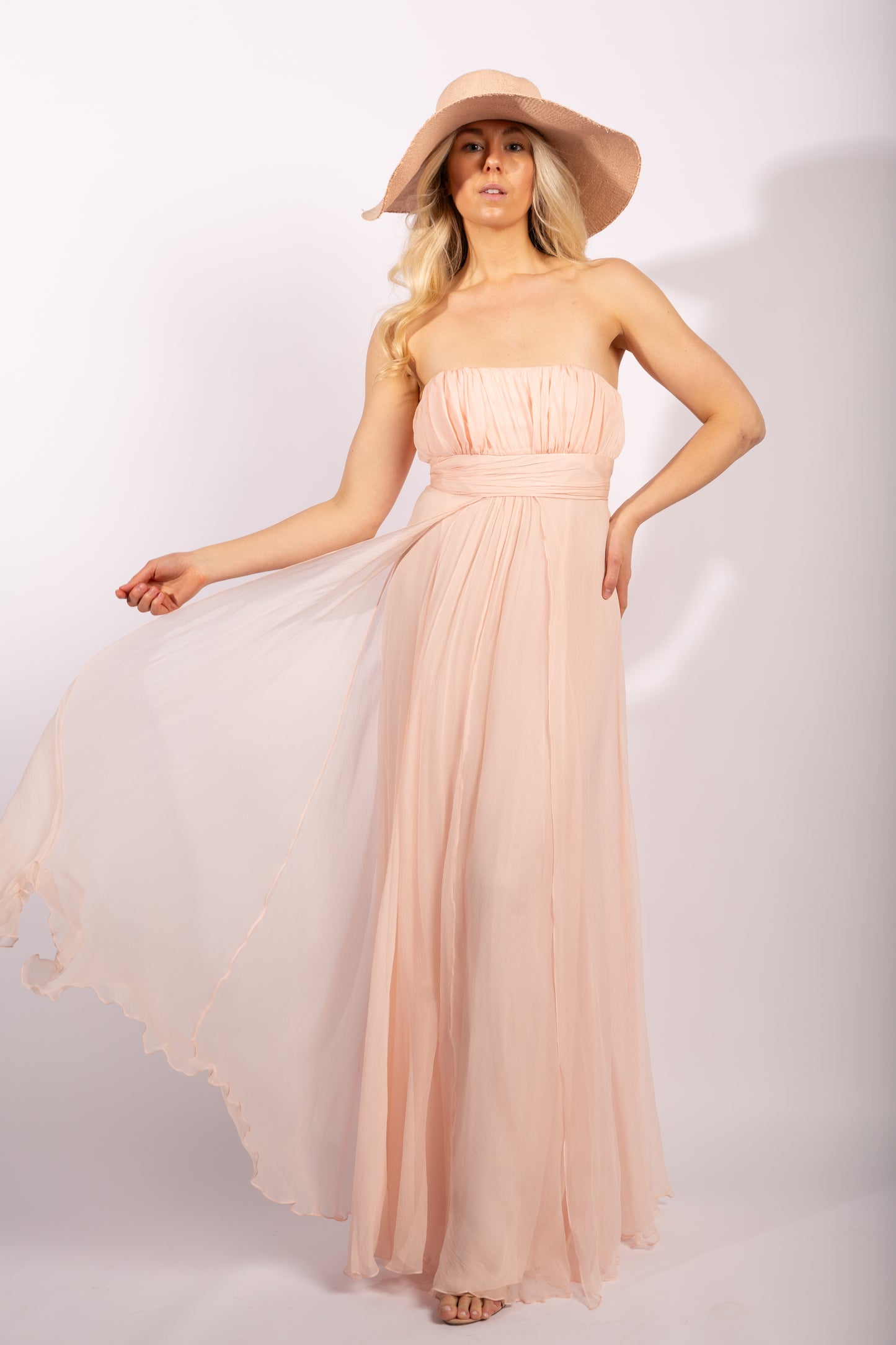 Heidi Wiesel Pink Silk Chiffon Strapless Gown, Size US 8