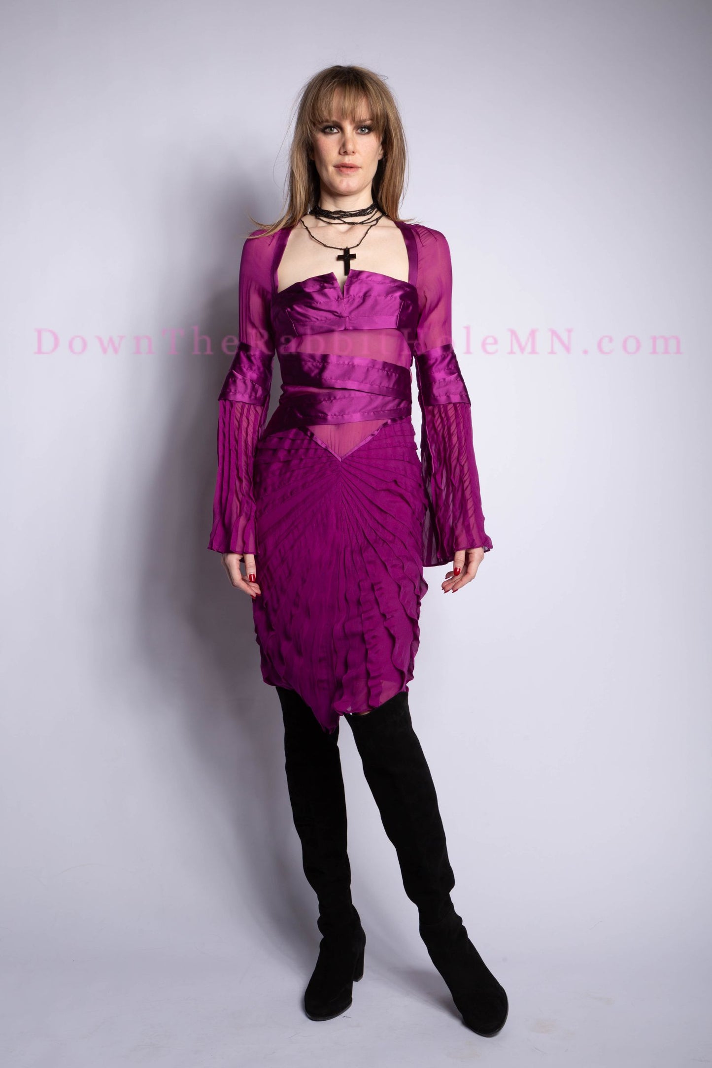 Gucci by Tom Ford Vintage F/W 2004 Magenta Runway Silk Pleated Midi Dress Size IT42