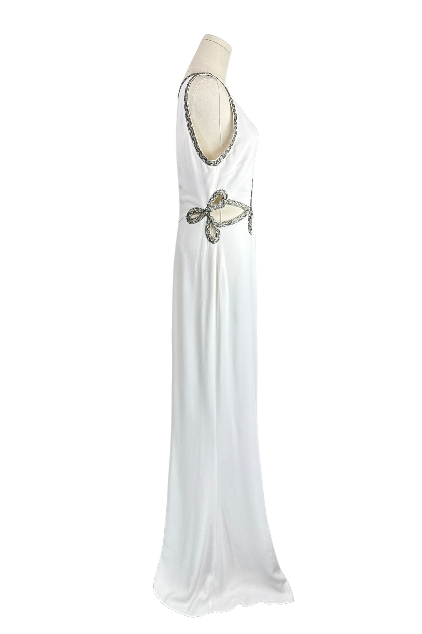 Roberto Cavalli White Cady Gown with Cutouts and Beaded Snake Skin Pattern Embellishment Size IT46