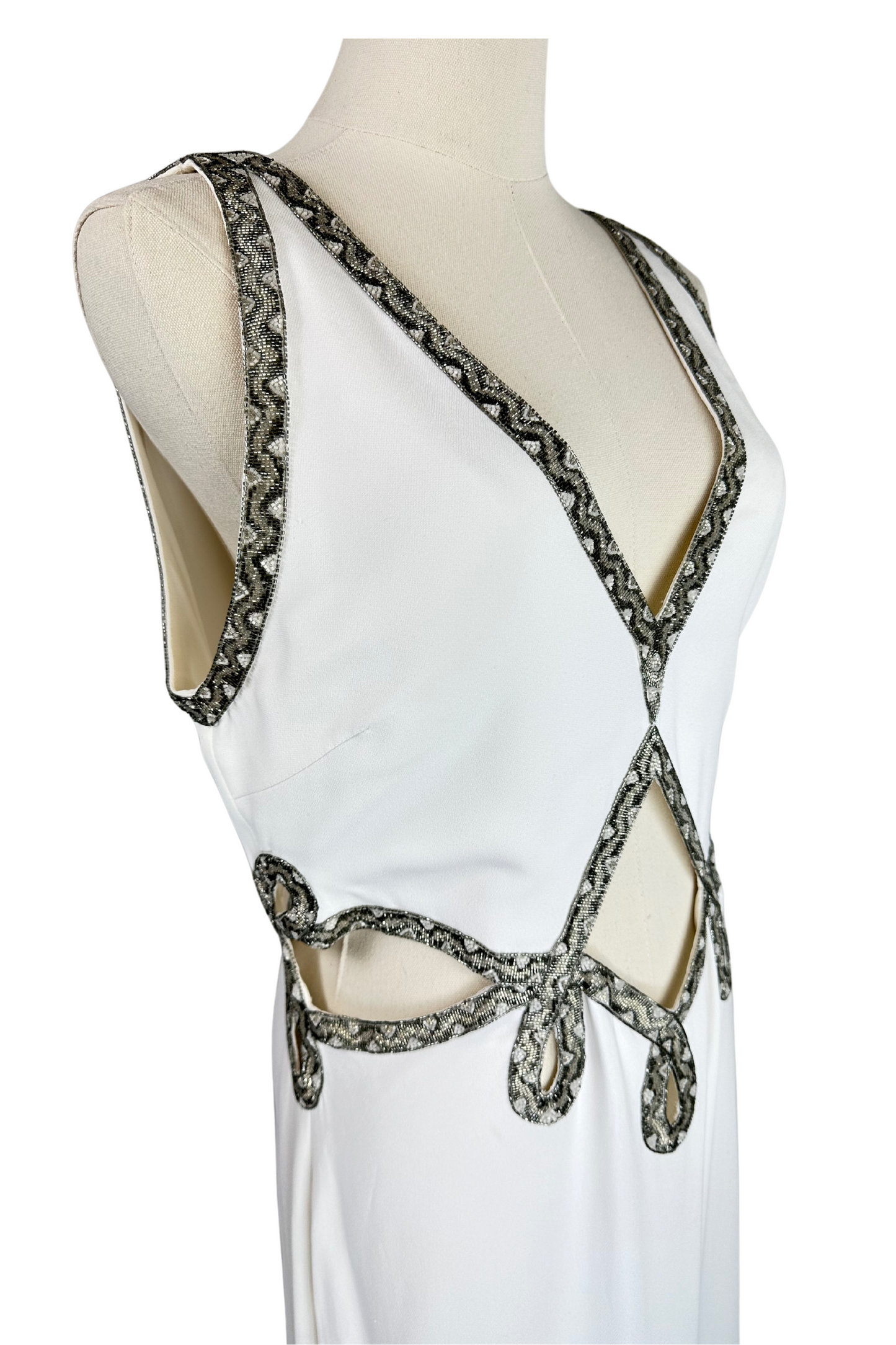 Roberto Cavalli White Cady Gown with Cutouts and Beaded Snake Skin Pattern Embellishment Size IT46