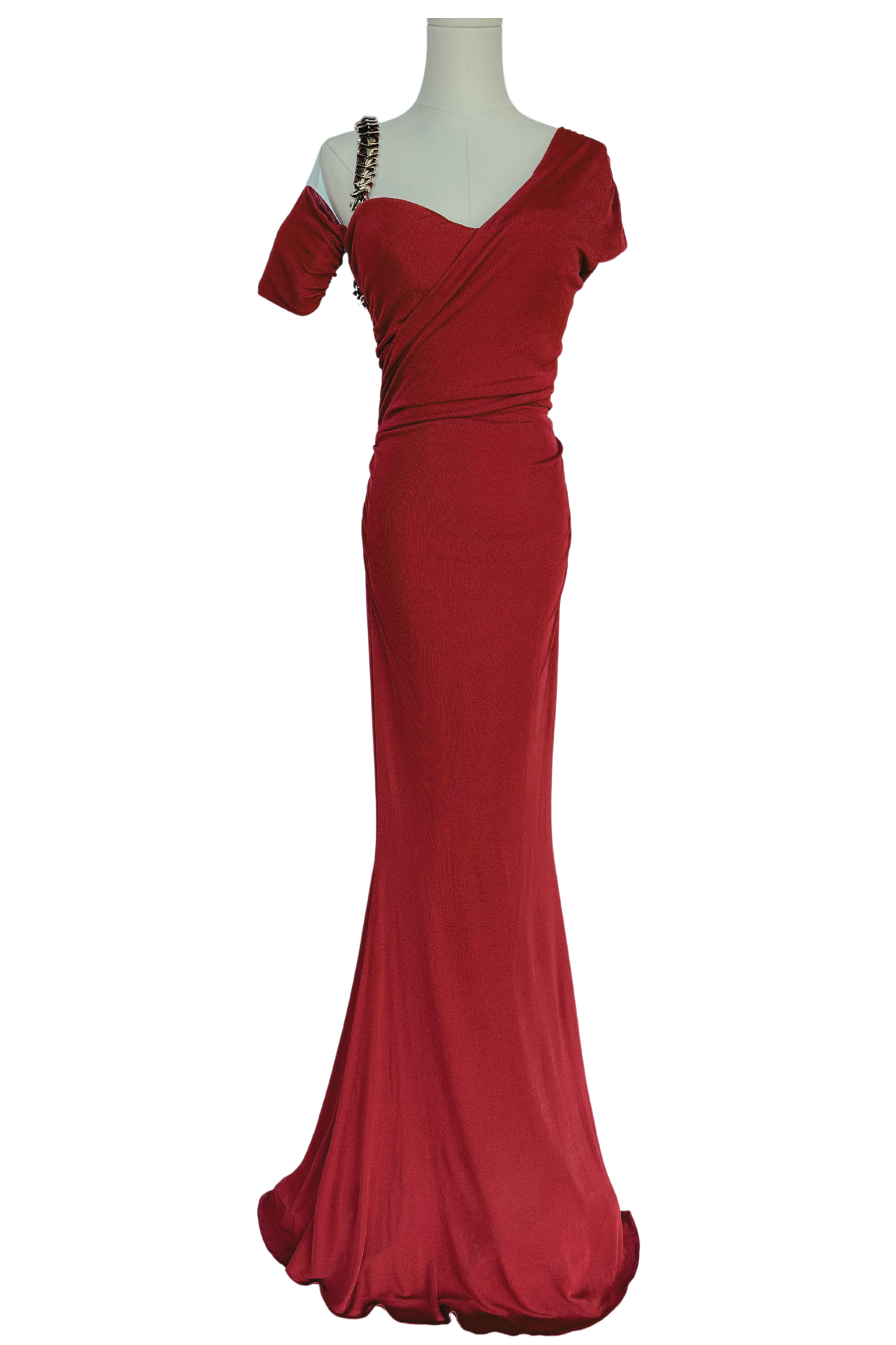 Roberto Cavalli Deep Red Gown with Silver Strap Detail