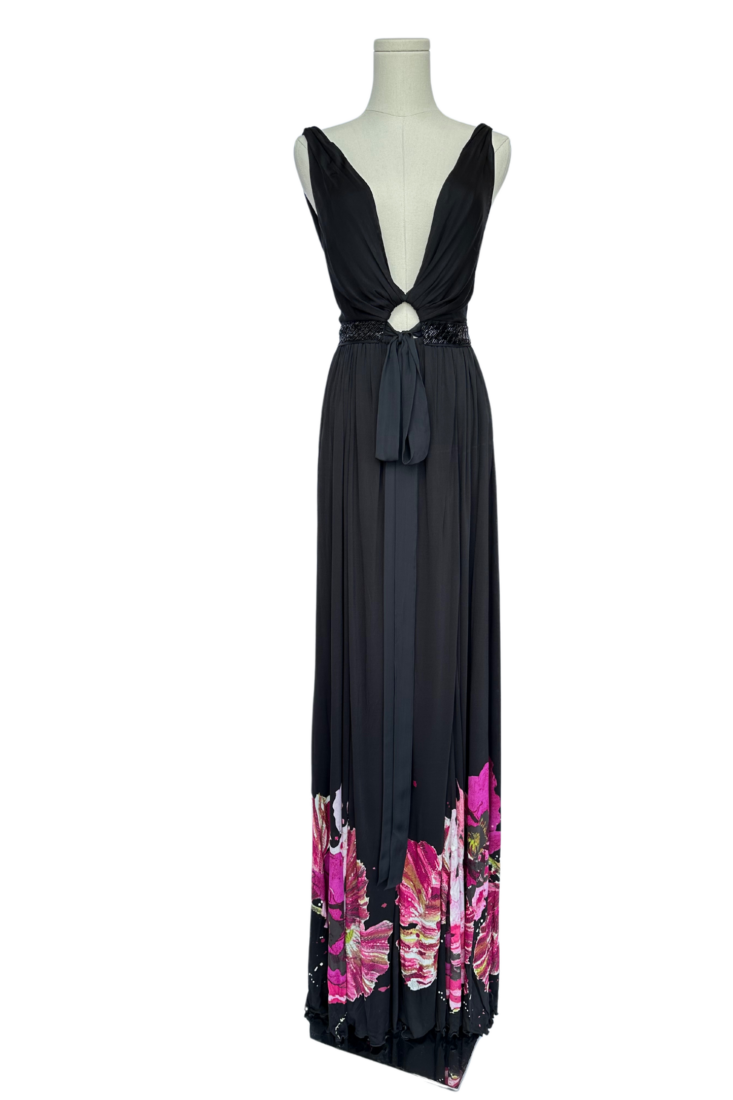 Roberto Cavalli Black Floral Printed and Embellished Waist Maxi Dress Size IT38